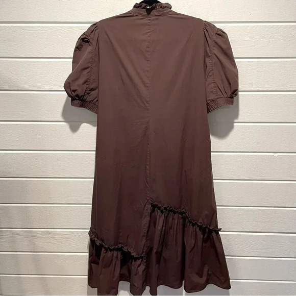 En Saison Maxi Balloon Sleeve Asymmetrical Boho Keyhole Poplin Dress in Brown L - Picture 8 of 13